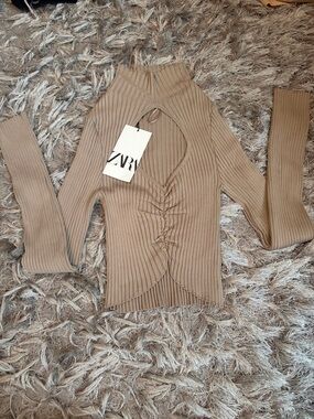 Zara Taupe Ribbed Mock Neck Cutout Ruched Front Top